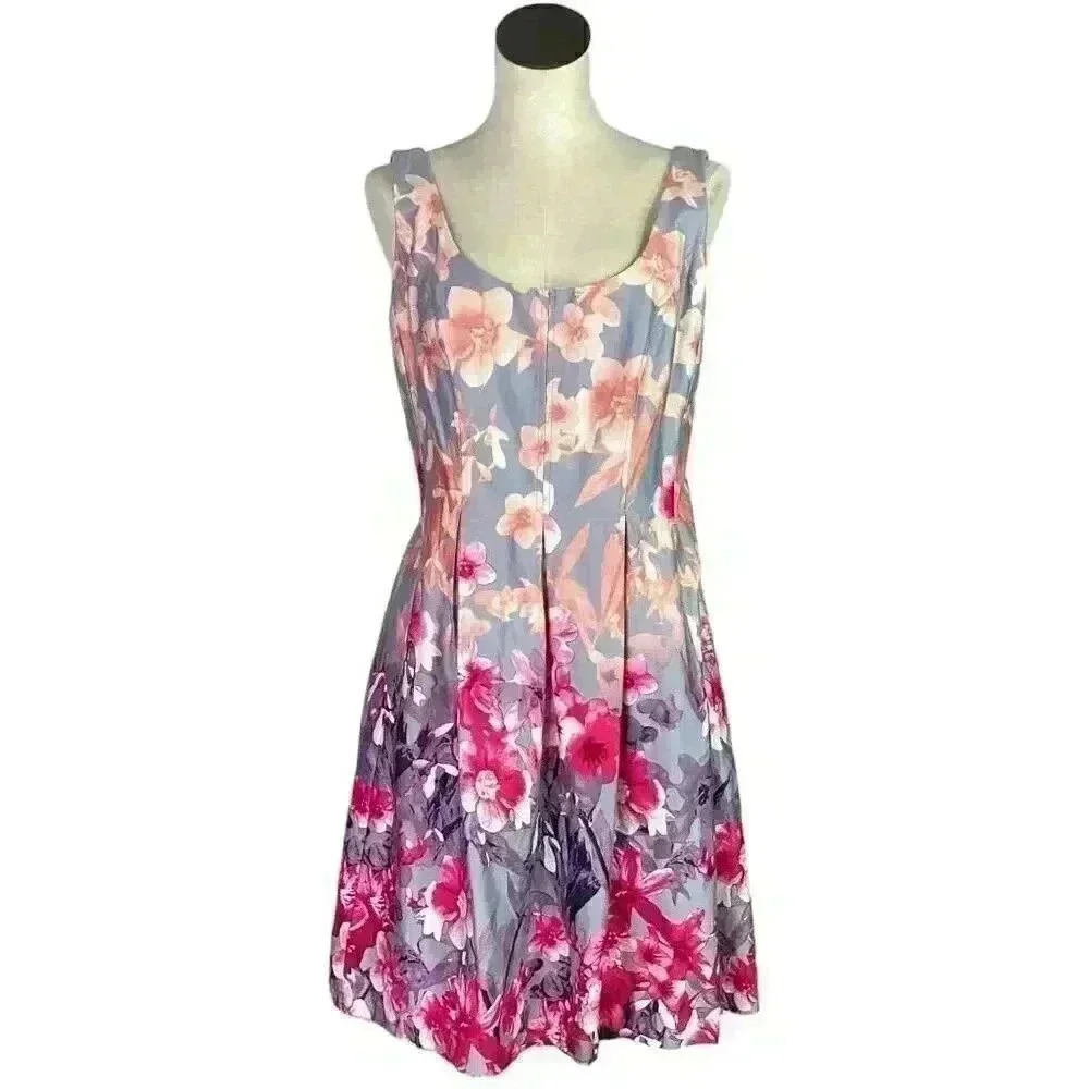 Nine West Dress Women 10 Pink Floral Fit Flare Stretch Sleeveless Garden Party